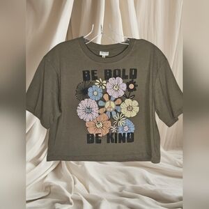 SELF❤️E Army Green Floral Statement Graphic Cropped T-Shirt - Sz XS